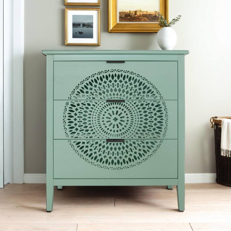 3 Drawer Cabinet with Hollow-Carved 3 Drawer Dresser Storage Chest with Metal Handles For Entryway Living Room Bedroom - Light Green