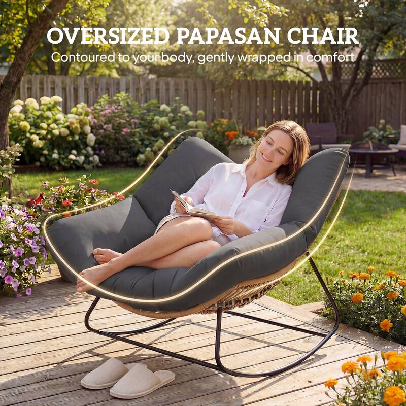 Outsunny Papasan Rocking Chair, Wicker Oversized Indoor Outdoor Rocking Chair with Cushion