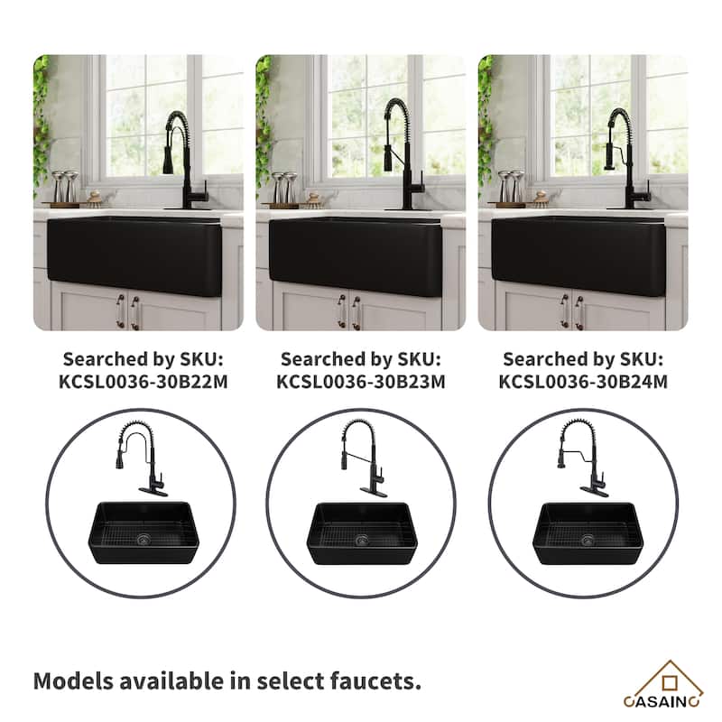 Farmhouse/Apron-Front Single Bowl Fireclay Kitchen Sink with 3-Function Pull-Down Kitchen Faucet, Grid, and Basket Strainer