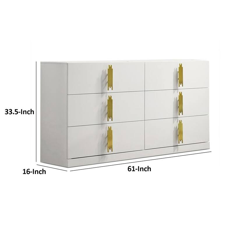 Dyl Wide Dresser, 6 Drawers, White Wood with Gold Accents