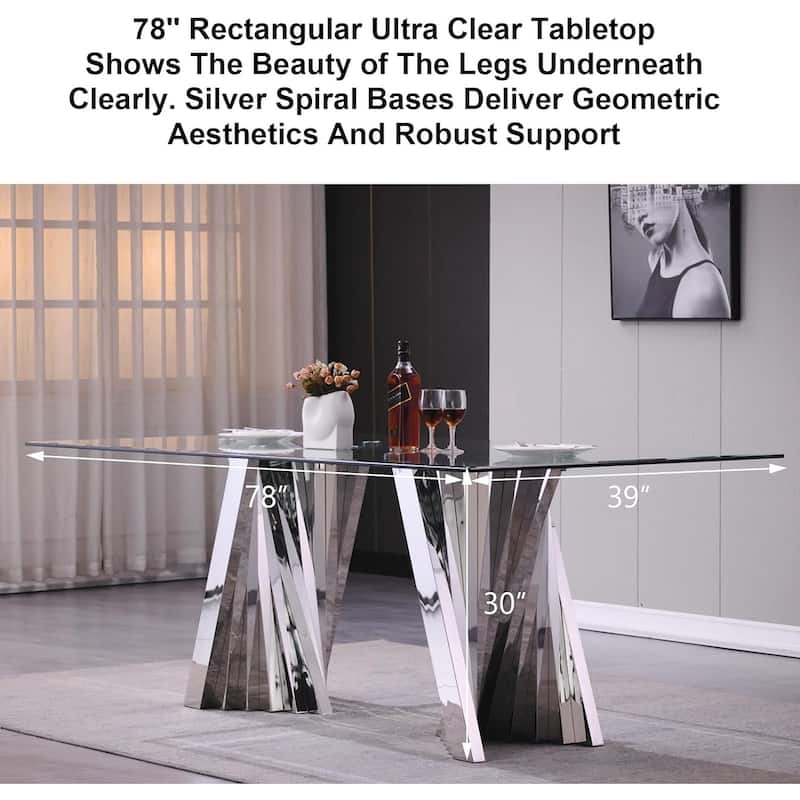 Luxury 78 inch Glass Dining Table with Mirrored Stainless Steel Base