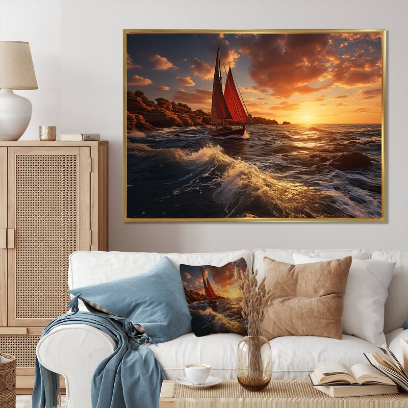Designart "Spain Sunset Sail I" Nautical & Beach Framed Wall Art Prints - 32 in. wide x 16 in. high - Black