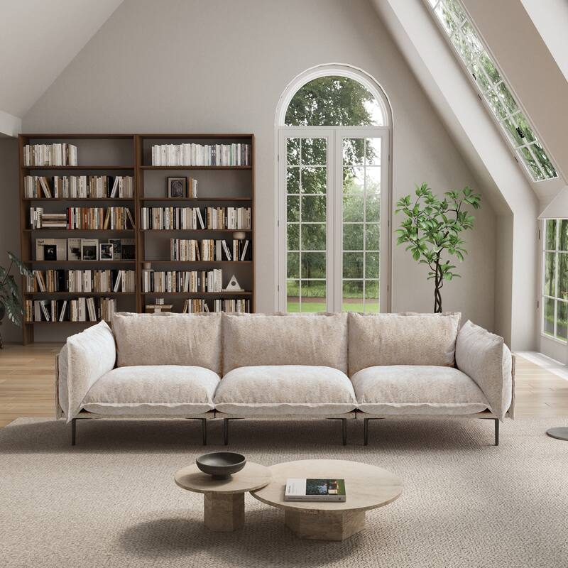 111" 3-Seater Mid-century Velvet Sectional Sofa Deep Seat Upholstered Cloud Modular Couch - Tan