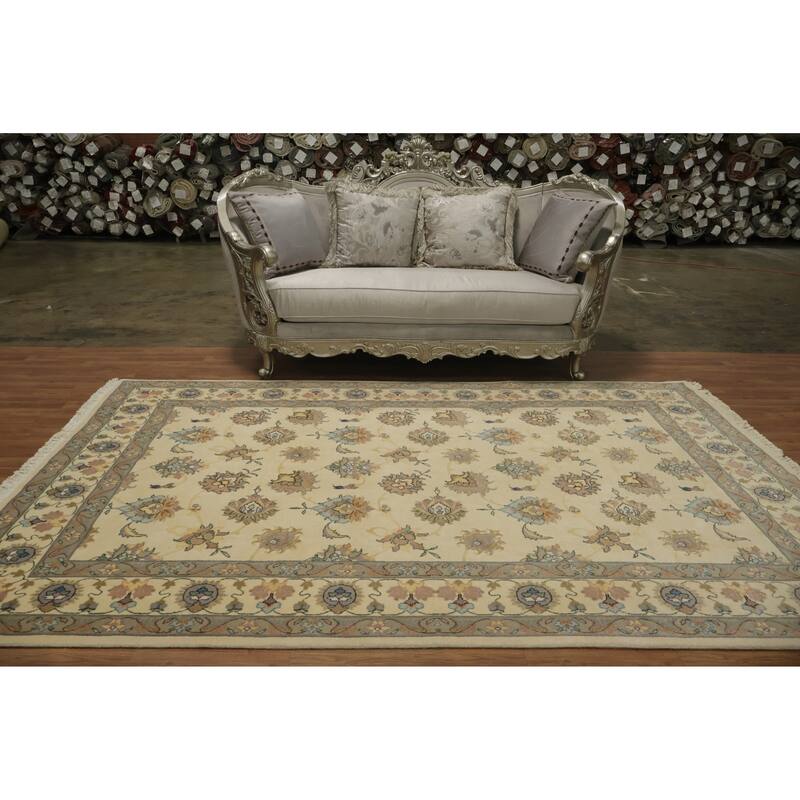 Hand Knotted Oriental 100% Wool Carpet Traditional All-Over Beige & Ivories Tabriz Area Rug - 9' 9'' X 6' 3''