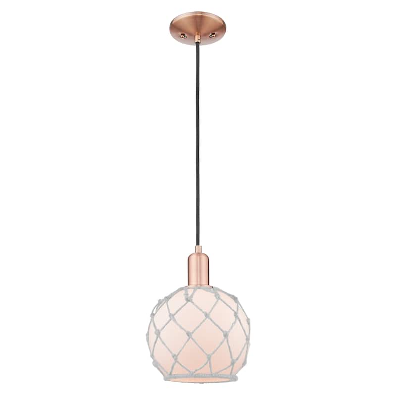 Innovations Lighting Endless Possibilities Arcadia - Farmhouse Rope - 1 Light 8" Cord Hung Mini Pendant - White Glass with White Rope/Antique Copper