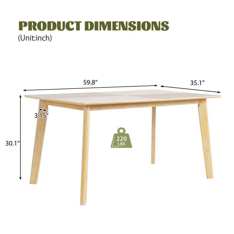 Rectangular Dining Table for 6, Solid Wood Kitchen Dining Table, Coffee Table with MDF Tabletop & Rubberwood Legs - Natural Wood Wash