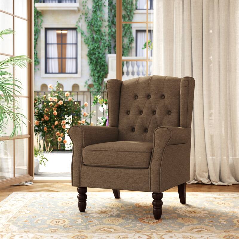 Tufted Wingback Upholstered Accent Chair for Living room - Brown Linen