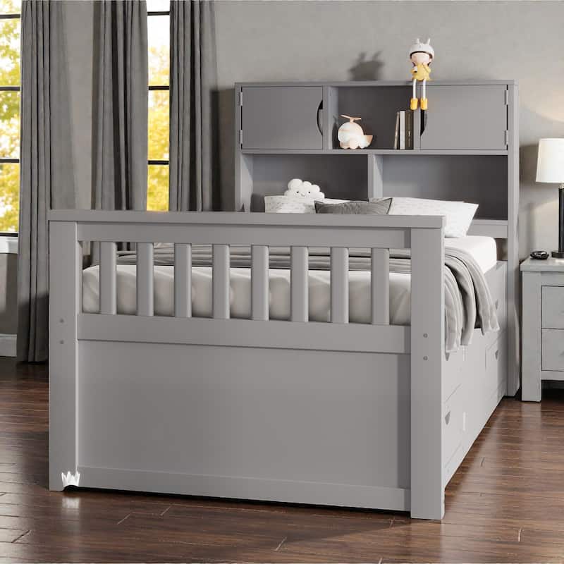 Twin Captain Platform Bed with Storage Bookcase Headboard, Shelves and Four Drawers, No Box Spring Needed