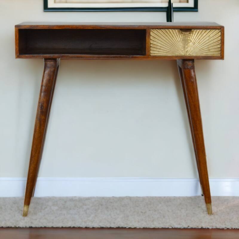 Artisan Furniture Solid Wood Sunrise Gold Carved Writing Desk, Brown with 1 Drawer - N/A