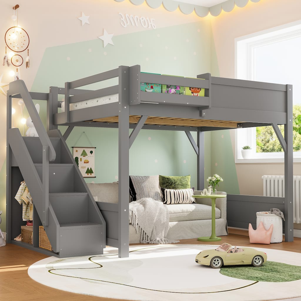 Full Size Loft Bed with Built-in Wardrobe and Storage Space, Solid Wood Loft Bed with Beside Shelves