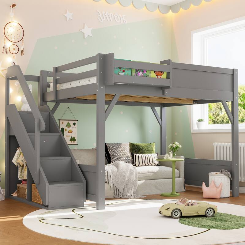 Kids Solid Wood Loft Bed Frame with Built-in Wardrobe, Storage Shelves, Full-length Guardrails and Stairs, No Box Spring Needed
