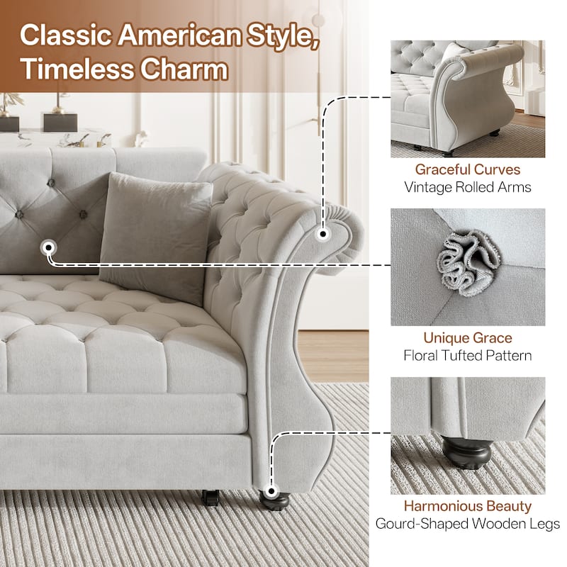 Anmytek Oversized Chesterfield Pull Out Sofa Bed Classic Roll Arm Velvet Couch in Light Grey