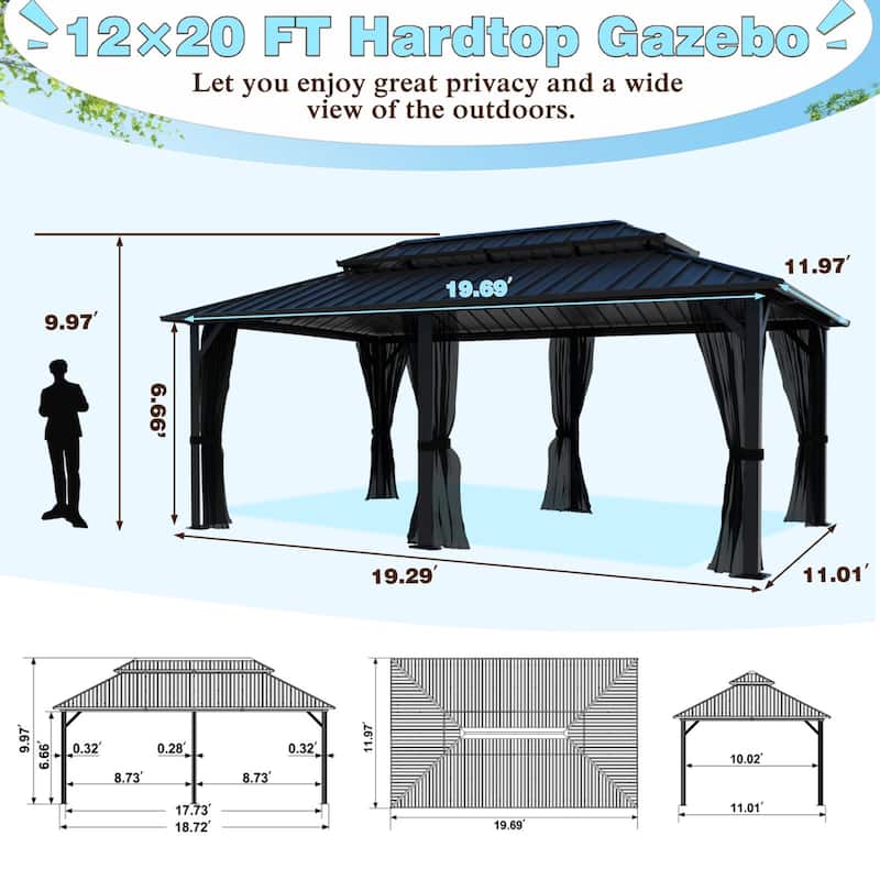 VEIKOUS Aluminum Double Hardtop Gazebo Pergola for Patio, Lawn, and Garden with Removable Netting