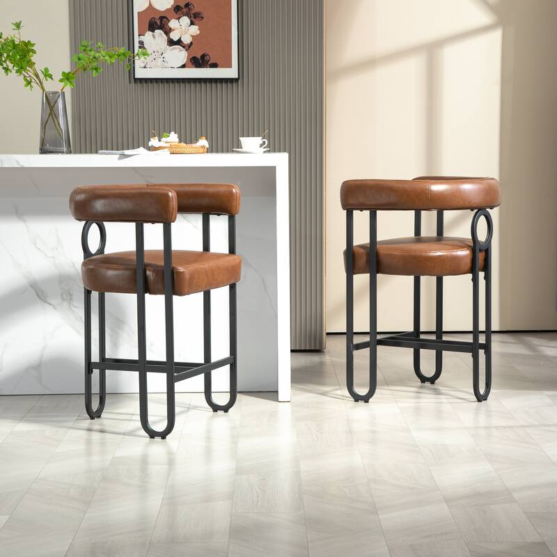 Bar Stools Set of 2, Upholstered Counter Height Stools with Back, Kitchen Island Chairs with Footrest and Metal Frame