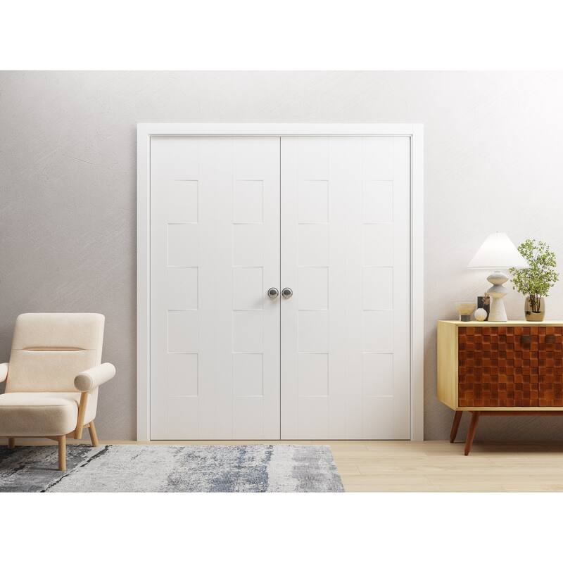 Sliding Closet Double Bi-fold Doors | Mela 0755 Painted White | Sturdy Tracks Moldings Trims | Wood Solid Bedroom Wardrobe