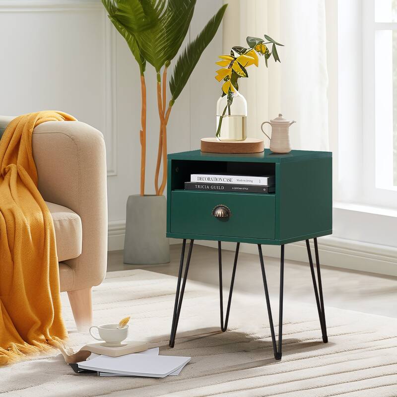 VECELO Mid Century Modern Nightstand with Drawer Open Shelf V-Shaped Metal Legs End Table for Bedroom Living Room