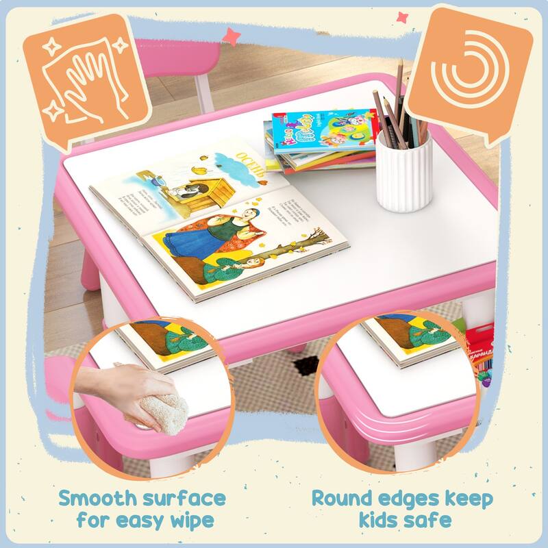 Kids Adjustable Table and 4 Chair Set with Storage Box Pink Activity Play Furniture for Toddlers and Preschoolers