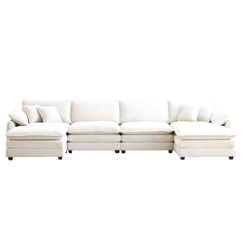 Beige 6-Piece Oversized Corduroy U-Shaped Modular Sectional Sofa with Ottomans