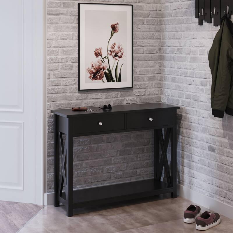 Console Table with Two Drawers – 2-Tier Entryway Table with Storage Shelf by Lavish Home (Black)
