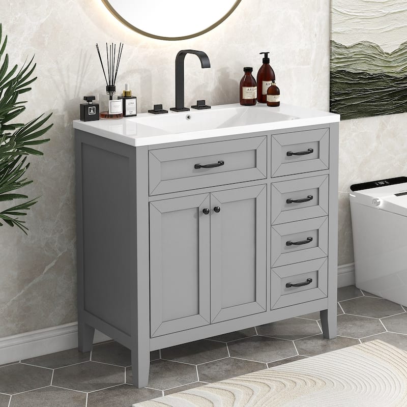 36 in.W MDF Freestanding Bathroom Vanity Set with Integrated Sink, Drawers and Doors - 36" x 18" x 36" - Grey