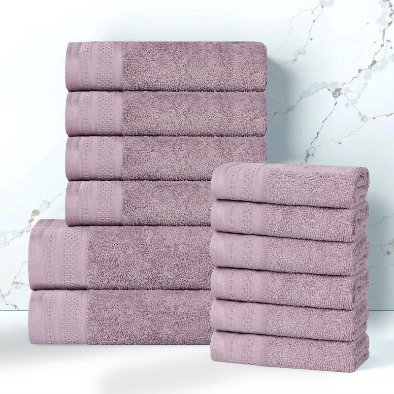 Superior Honeycomb Textured Border Cotton Medium Weight 12 Piece Towel Set - Sea Fog