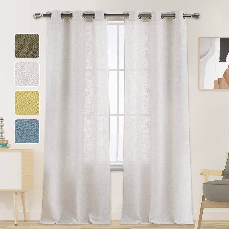 Linen Blend Living Room Curtains Faux Linen Textured Window Curtains for Bedroom Semi-Sheer Yellow Curtain Panles