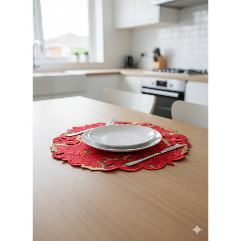 Poinsettia Embroidered Cutwork Round Placemat, 15-Inch diameter