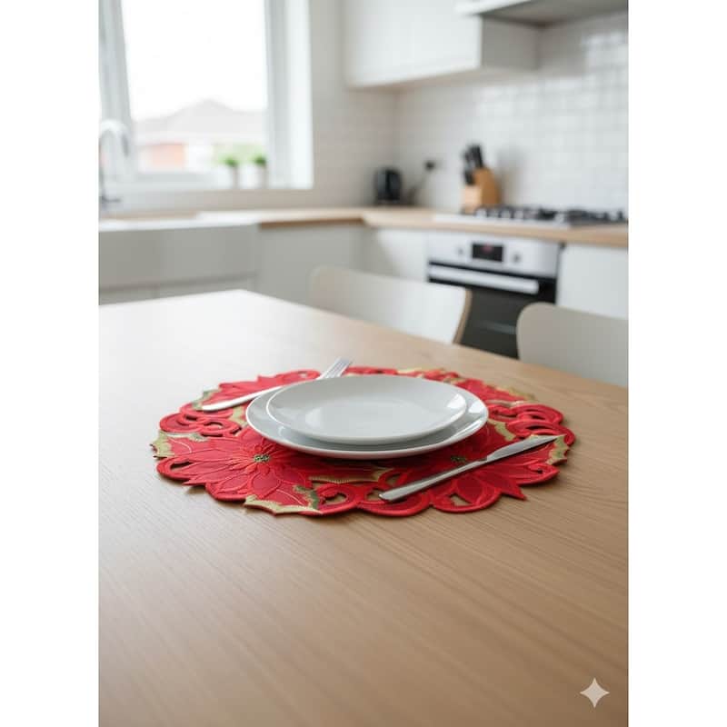 Poinsettia and Green Leaf Embroidered Cutwork Round Placemat, 23-Inch diameter