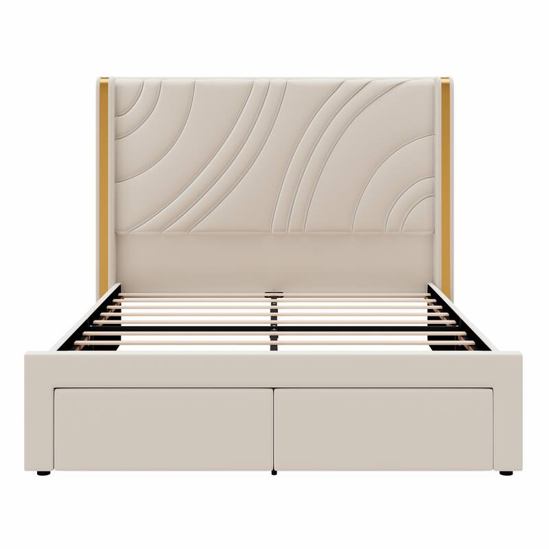 Velvet Upholstered Platform Bed with Smart Ambient Strip Lights Wingback Headboard, and Endbed Pull-out Storage Drawers