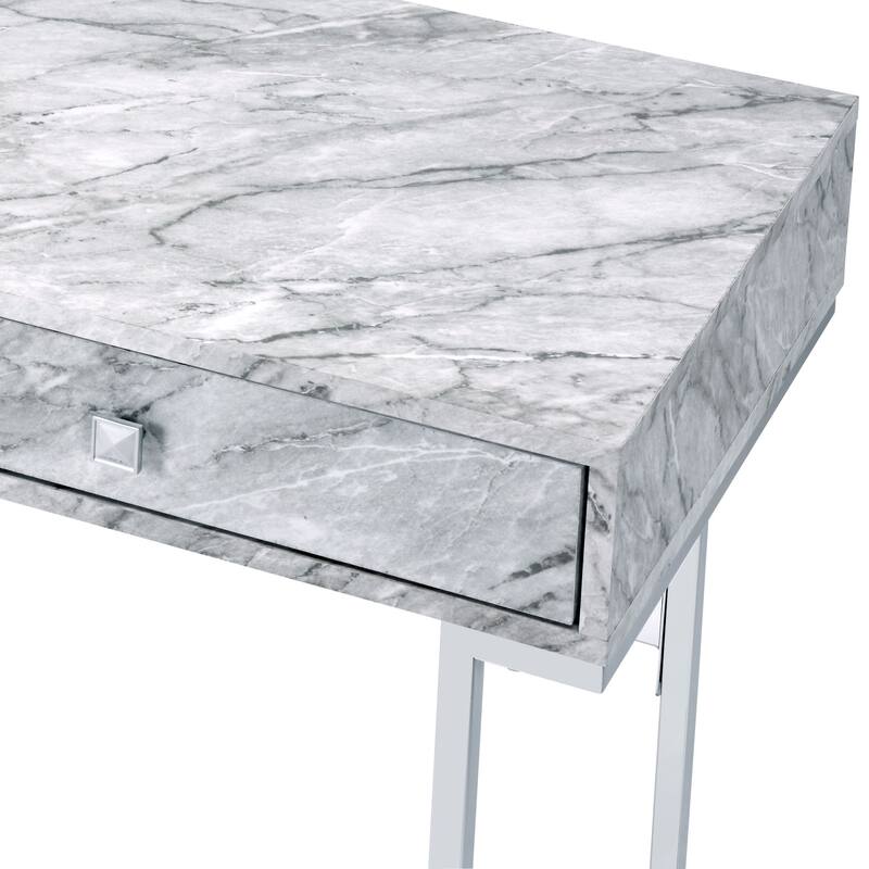 Sleek White Faux Marble Writing Desk with Chrome Finish and Storage Drawers for Office or Study Space