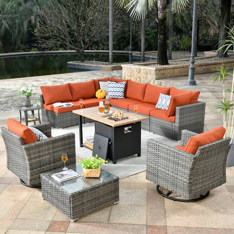 OVIOS Deep Seat Wicker 11-piece Sectional Set Swivel Chairs Fire Pit - Red/Orange