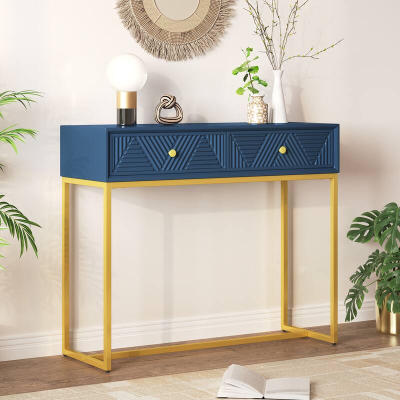 38" Modern Console Table with Two Drawers and Gold Metal Base for Entryway, Living Room - Navy