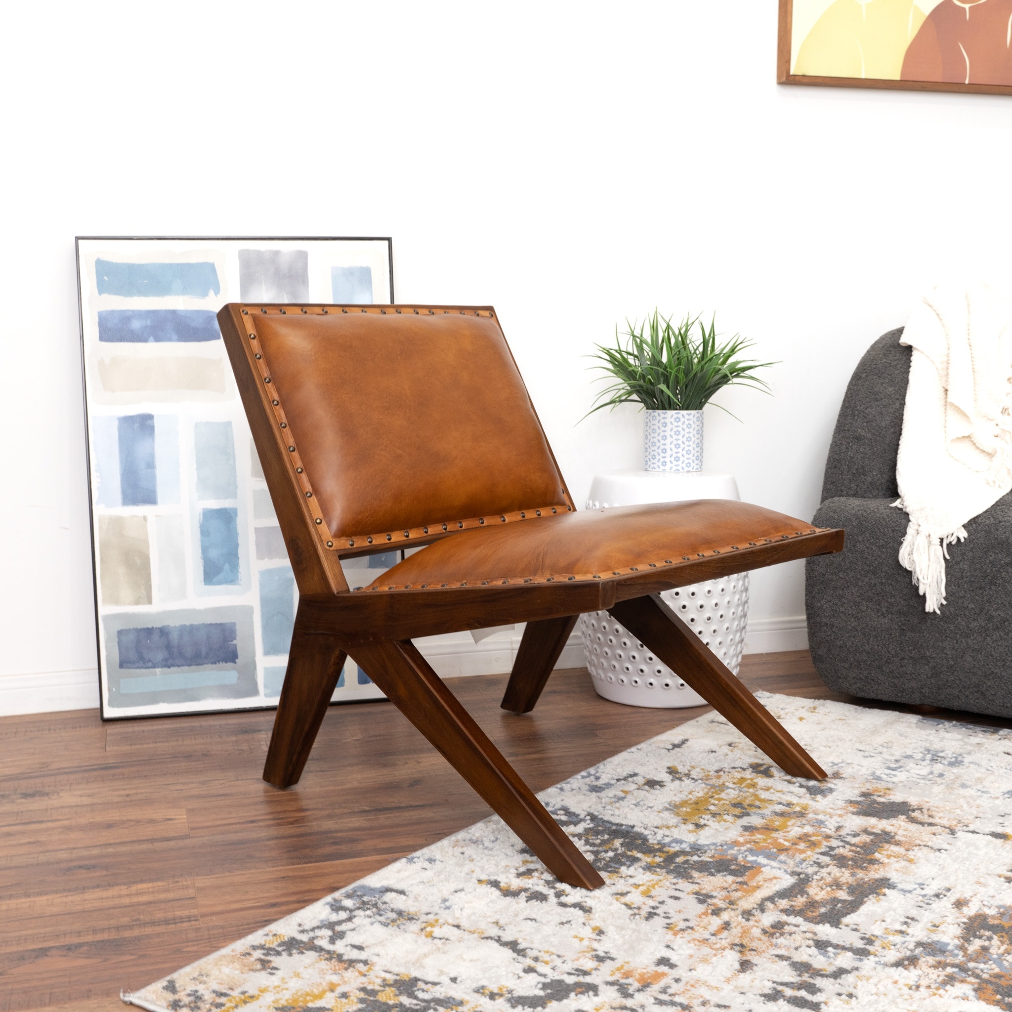 Susan Mid Century Genuine Leather Lounge Chair in Tan - 30.5"H x 24"W x 27.5"D