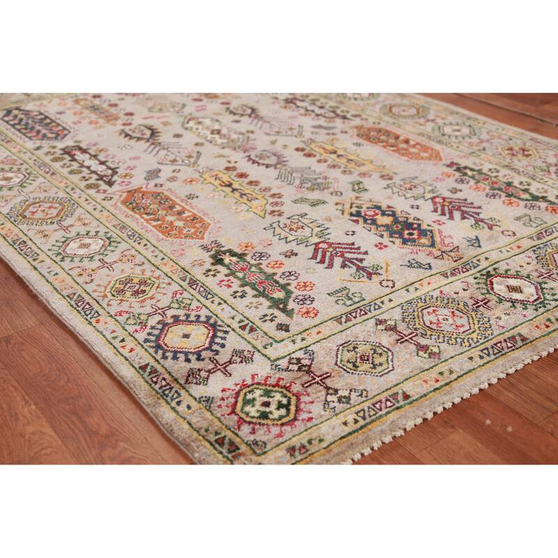 Hand Knotted Oriental 100% Wool Carpet Traditional Geometric Beige & Ivories Kazak Area Rug - 5' 8'' X 4' 0''
