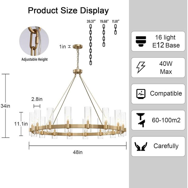 KAYLA 48" 16-Light Gold Chandelier, Wagon Wheel Chandelier with Glass Shade, Modern Farmhouse Chandelier - 48in