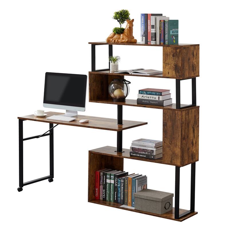 Versatile Home Office L-Shaped Desk with 5-Tier Storage, Adjustable Setup, Lockable Casters, and Sturdy Steel Frame
