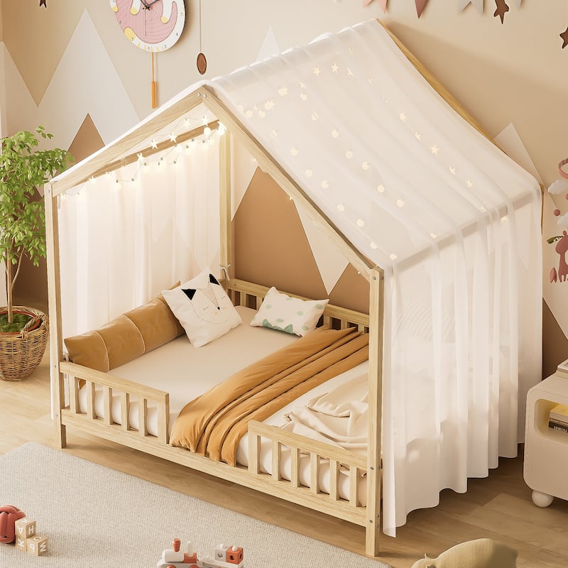 Montessori Toddler Bed Kids House Bed with Airy Canopy, Wood Bed Frame Bed Tent with 4 Full Guardrails, No Box Spring Needed