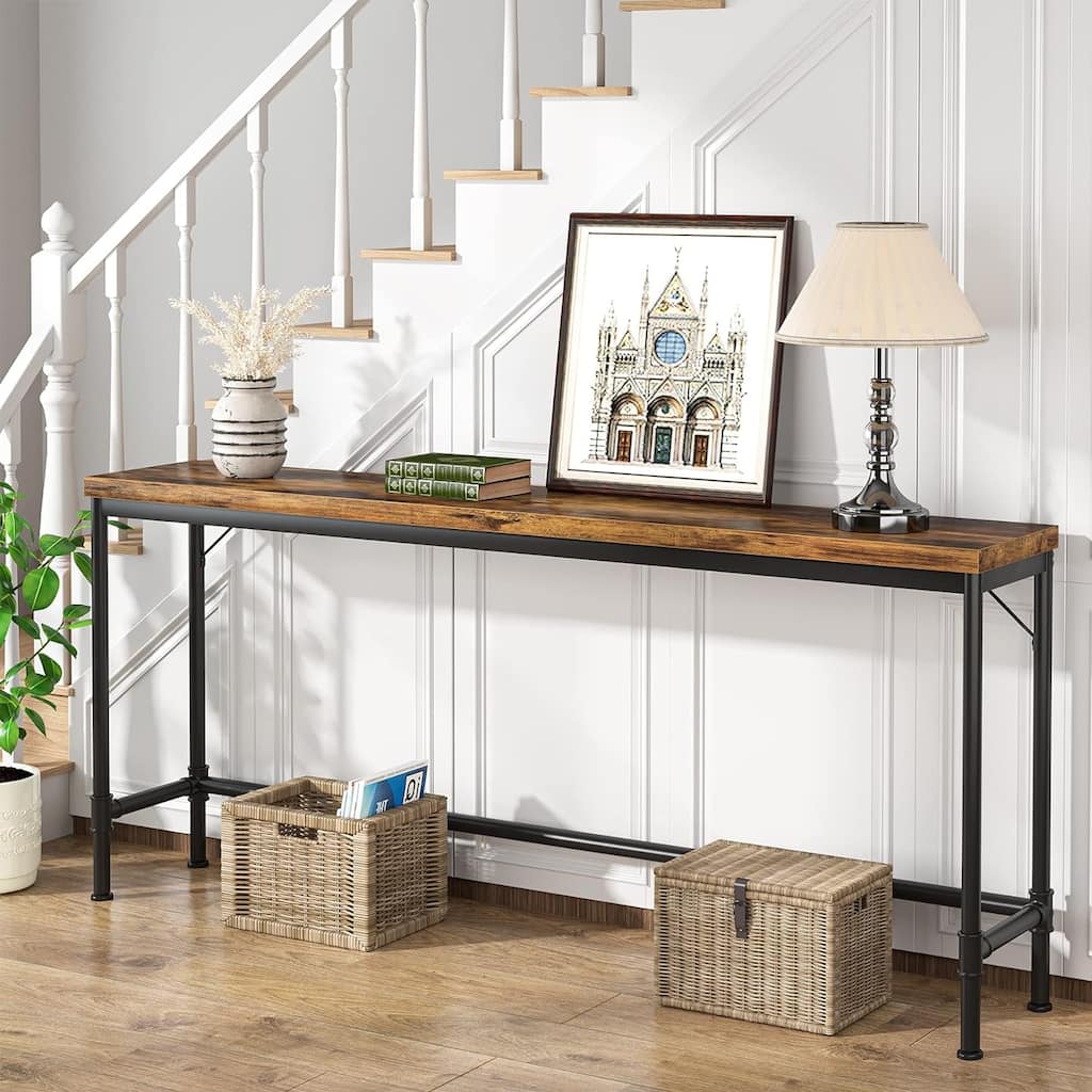 70.9" Brown & Black Extra Long Console Table, Industrial Tall Bar-Height Sofa Table for Entryway, Hallway or Living Room