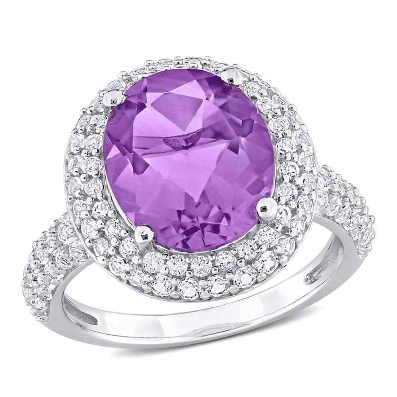 Miadora 5 1/3ct TGW Oval-Cut Amethyst and White Topaz Double Halo Ring in Sterling Silver