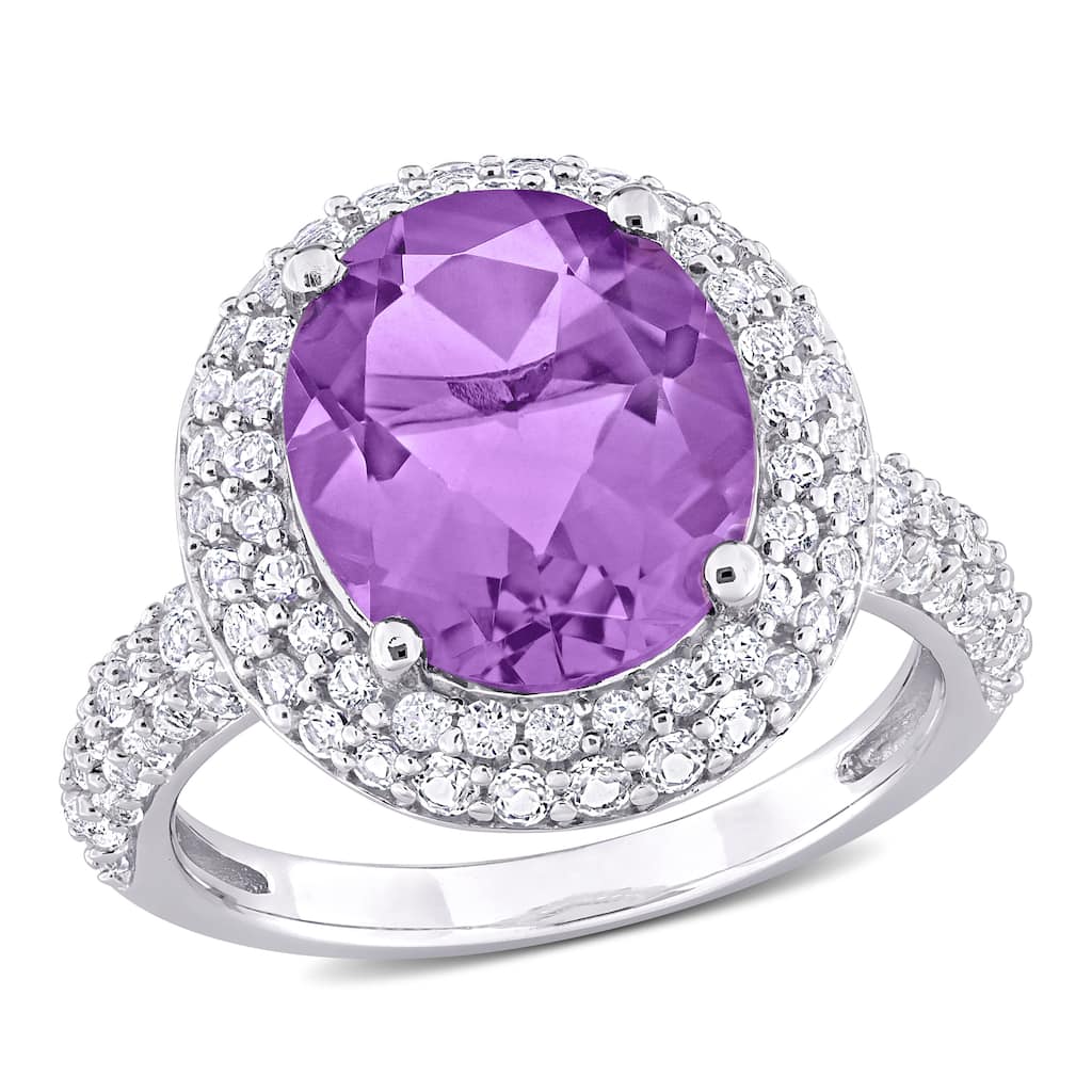 Miadora 5 1/3ct TGW Oval-Cut Amethyst and White Topaz Double Halo Ring in Sterling Silver