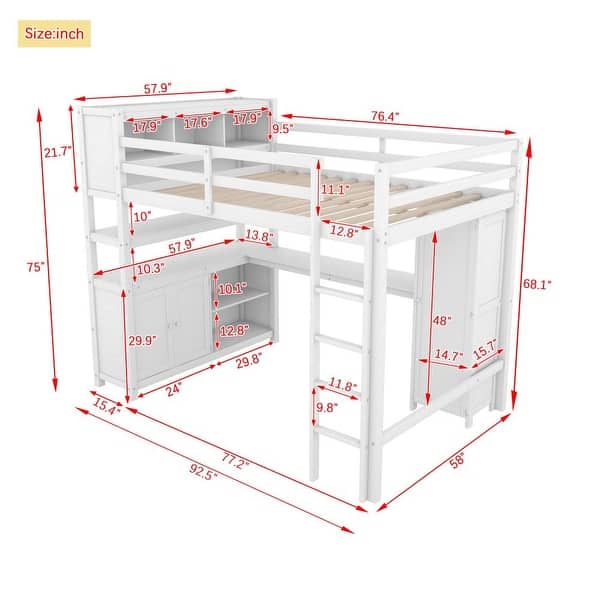 Full Size Wood Loft Bed with Wardrobe and Desk