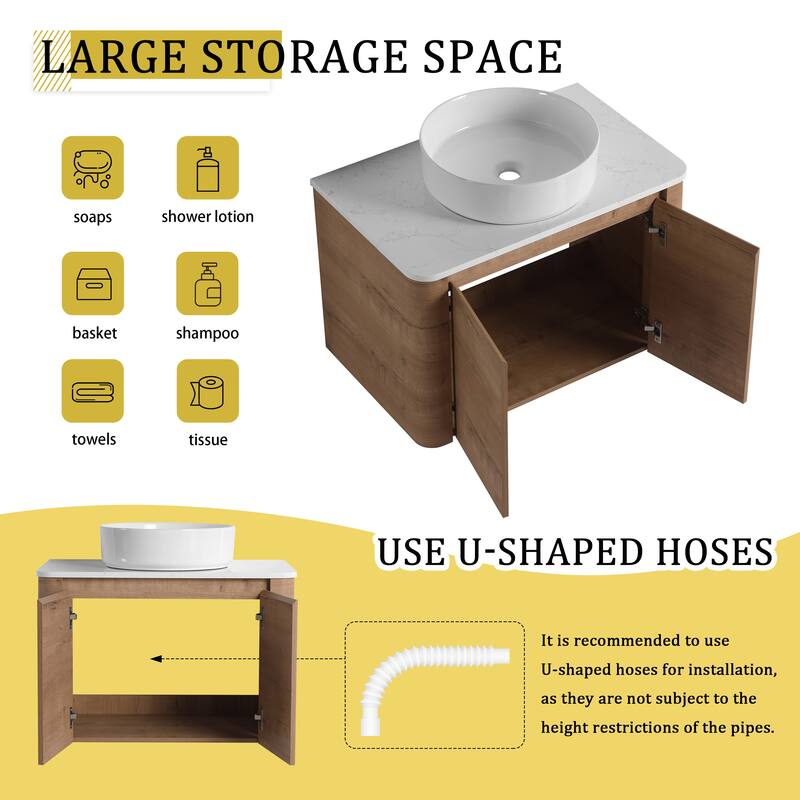 30'' Wall-Mounted Bathroom Vanity With Ceramic Art Sink & 2-Soft-Close Door, KD-Packing, Plywood