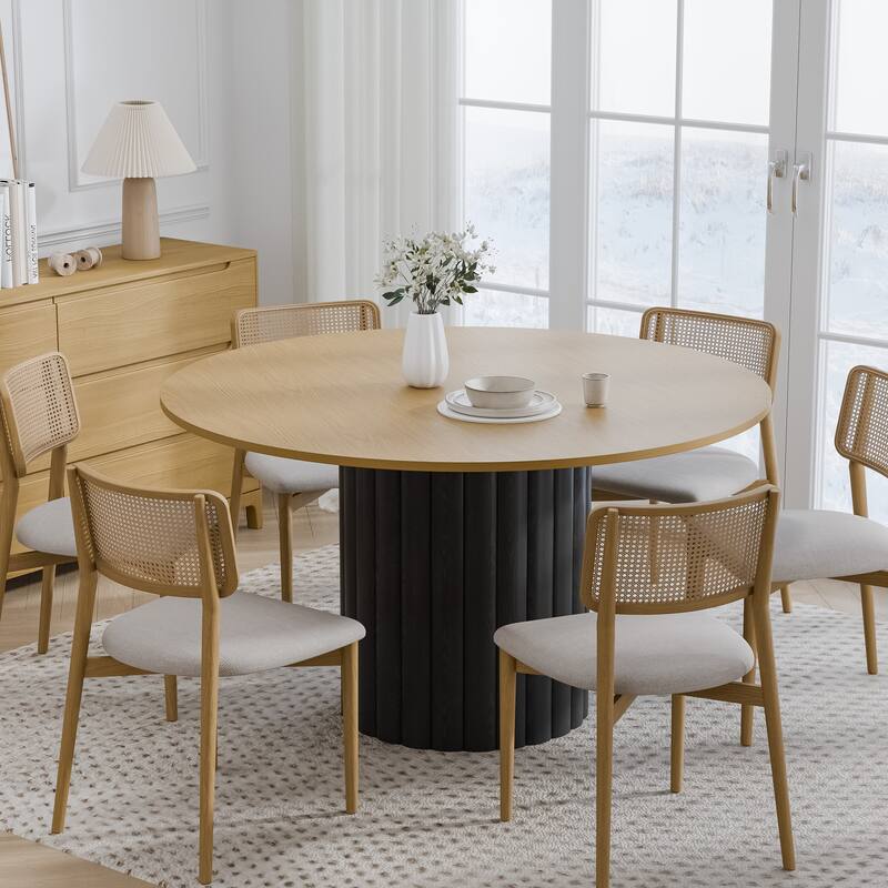 Solid Wood Round Dining Table Kitchen Table with Tabletop & Textured Cylindrical Base - 52 in.W x 30 in.H - Natural+Black