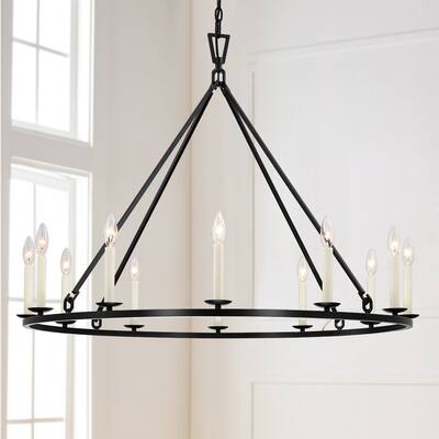 Mills 12-Light Black Candle Style Wagon Wheel Chandelier - 40''W