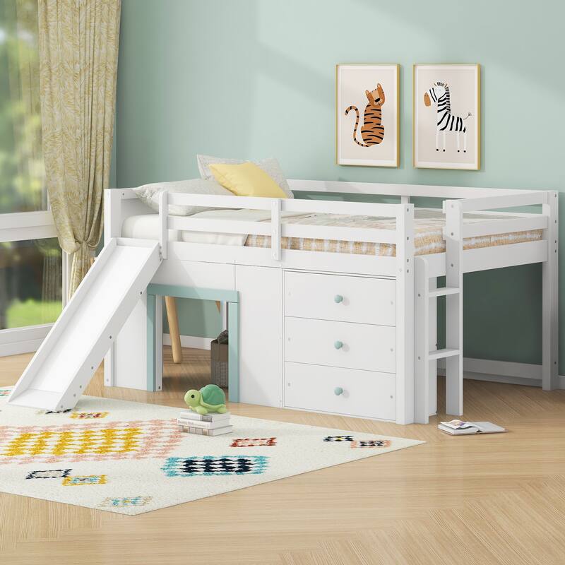 Full Size Low Loft Bed with Slide, Stairs, and Storage by Harper&Bright Designs