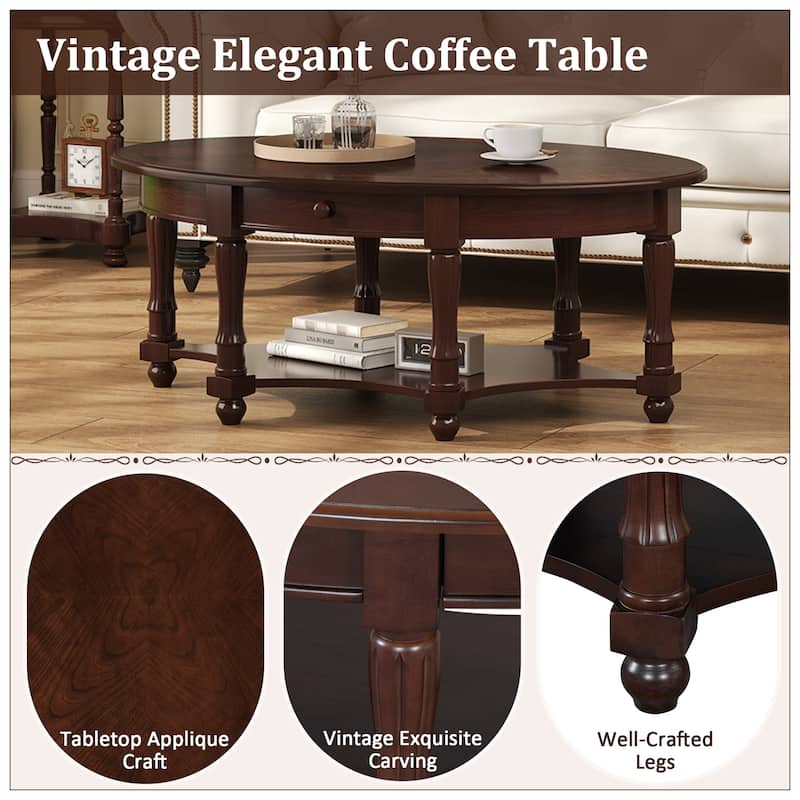 Vintage Oval Coffee Table with Drawer and Storage Shelf