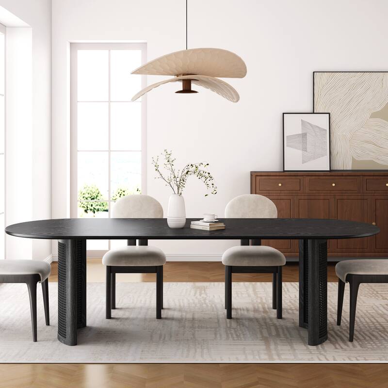 Oval Dining Table with Arc-Shaped Edge Top and Rattan Woven Base Modern Farmhouse Kitchen Table for Living Room Dining Room