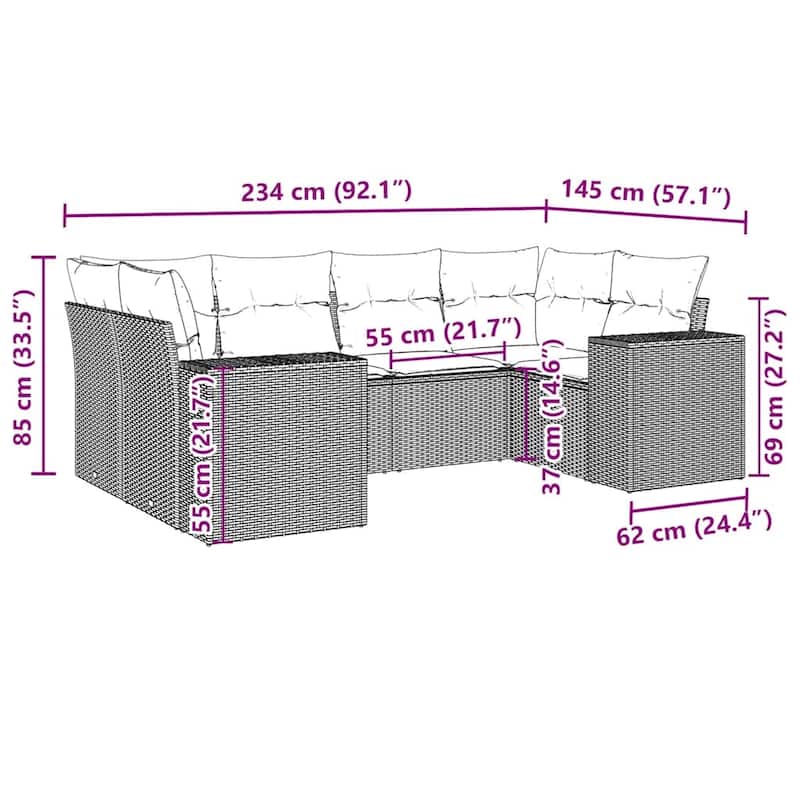 vidaXL Garden Sofa Set Black PE Rattan Large Adjustable Feet - 24.4 x 32.7 x 27.2