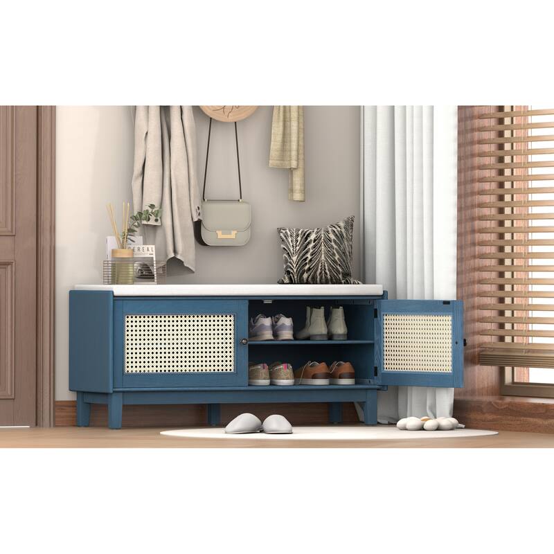 Roomfitters Entryway Storage Bench, Boho Rattan Cabinet, Hallway Organizer Seat with Cushion