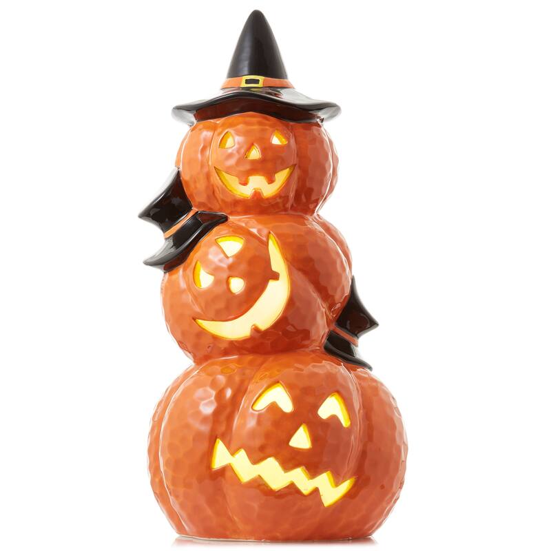 PreLit Ceramic Halloween Stacked Pumpkins HandPainted Tabletop Decor - Multi